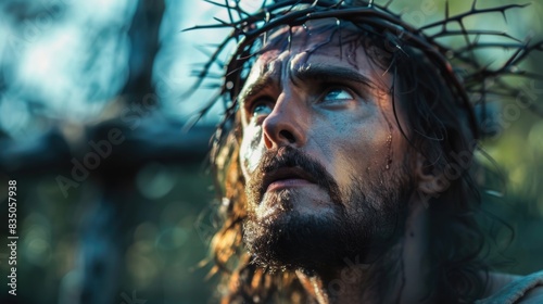 Jesus Christ with crown of thorns on his head suffering from wounds.
