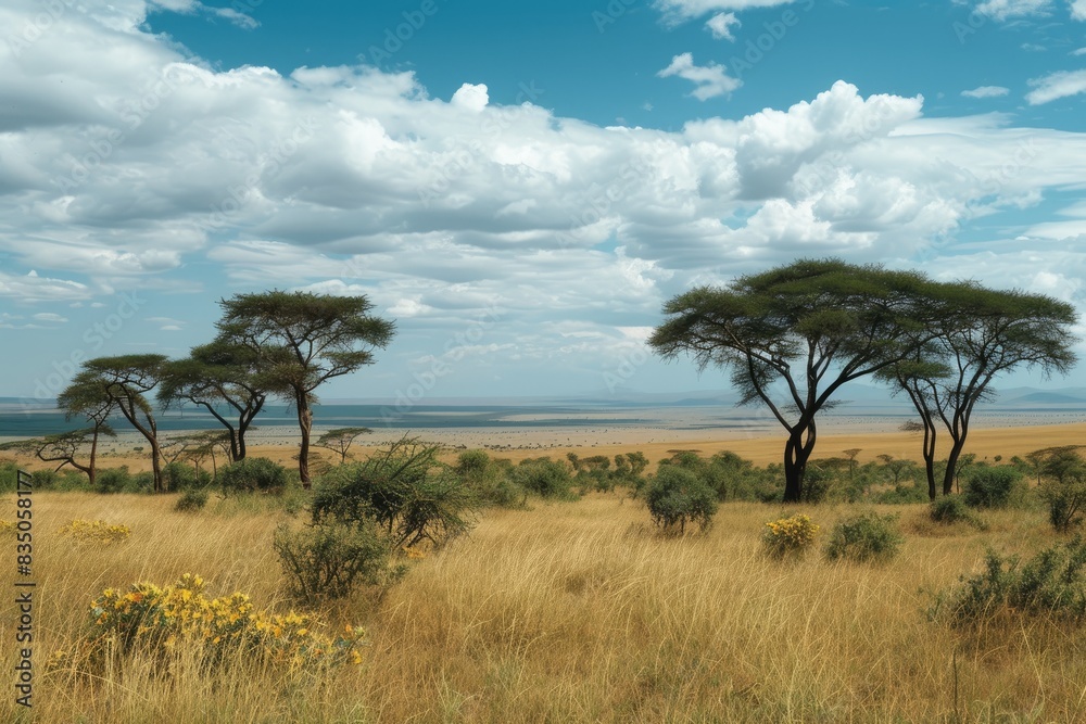 a field with some trees and some grass, A sprawling savanna landscape with groups of large acacia trees a field with some trees and some grass, A sprawling savanna landscape with groups of large acacia trees