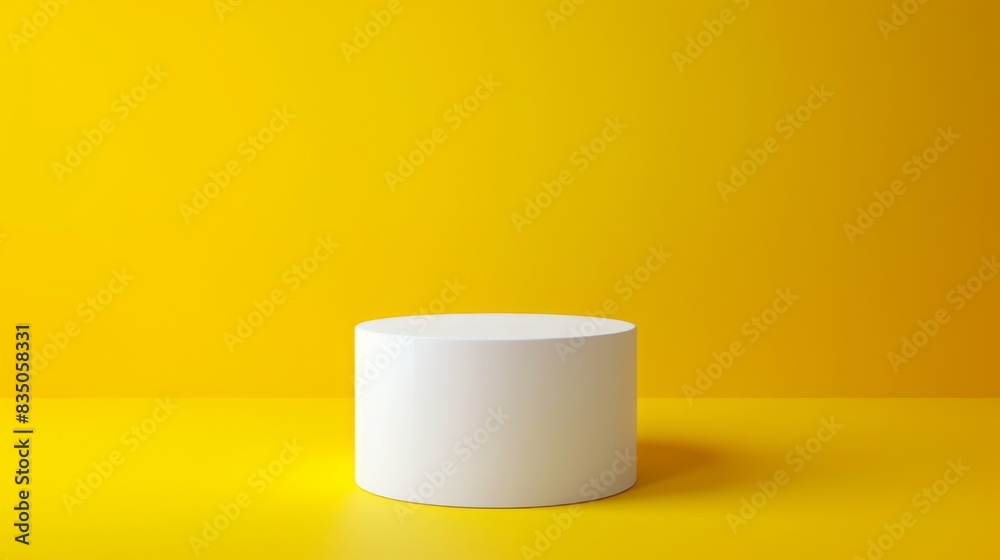 A white cylindrical pedestal stands against a vibrant yellow backdrop, illuminated by studio lighting, creating a striking minimalist composition. A white cylindrical pedestal stands against a vibrant yellow backdrop, illuminated by studio lighting, creating a striking minimalist composition.