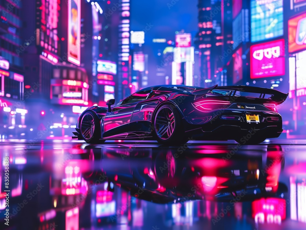 A futuristic sports car drives through a neon-lit city at night, A futuristic sports car drives through a neon-lit city at night,