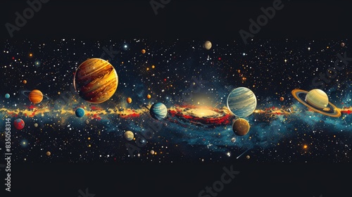 breathtaking view colorful galaxy space and planets set on dark background illustration  colorful planetary satellites on a black background