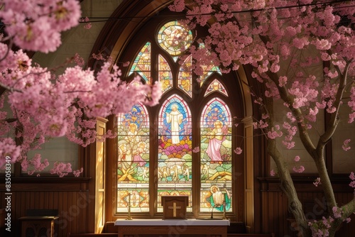 a church with a stained glass window and pink flowers  Spring themed park scene with blooming cherry blossom trees
