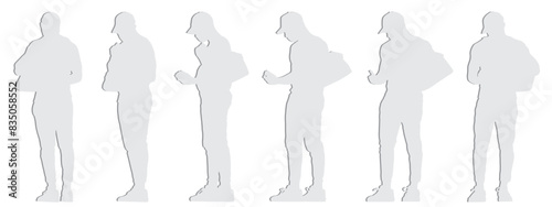 Vector conceptual  gray paper cut silhouette of a young man carrying a duffel bag checking his messages from different perspectives. A metaphor for sport, fitness, connection and active lifestyle