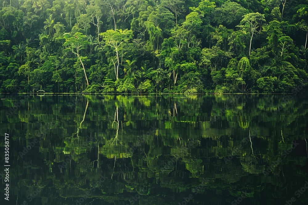 Tranquil mirror-like lake reflecting dense, green forest Tranquil mirror-like lake reflecting dense, green forest