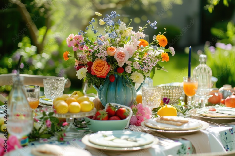 a table with plates of food and flowers, A vibrant Easter brunch table spread against a backdrop of a sunny garden a table with plates of food and flowers, A vibrant Easter brunch table spread against a backdrop of a sunny garden