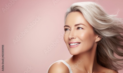 A mature woman with beautiful skin and a radiant smile, posing against a soft pink background