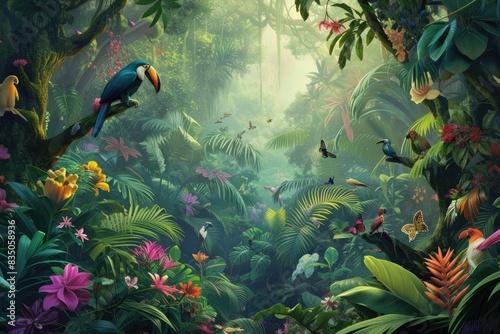 a painting of a jungle with animals and birds, A vibrant jungle with a variety of endangered animals interacting together in harmony © SaroStock