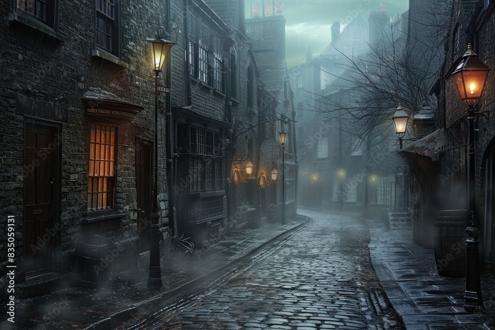 Fototapeta premium a street with a light on and a building in the background, A Victorian-era London street with cobblestones and gas lamps