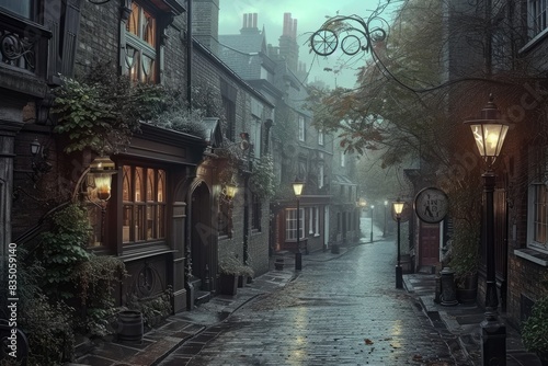 a street with a lamp post and a building  A Victorian-era London street with cobblestones and gas lamps