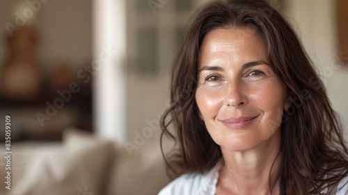 A mature woman with radiant skin smiles warmly, bathed in soft light