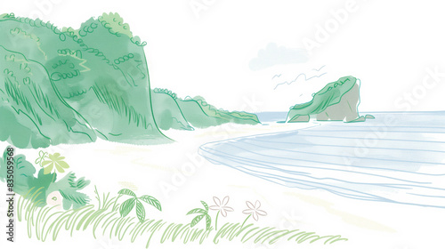 Hand-drawn illustration of a serene Azorean beach with lush green cliffs, calm ocean waves, and a few scattered plants, capturing the tranquil coastal landscape. © PhotoGranary