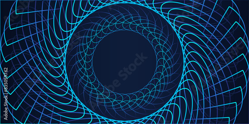 Vector abstract circle frame with wavy rounded lines pattern flowing in blue green colors isolated on black background for concept of music, technology, ai