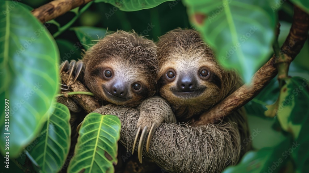 two baby sloths are sitting on a branch, Baby sloths holding onto tree branches