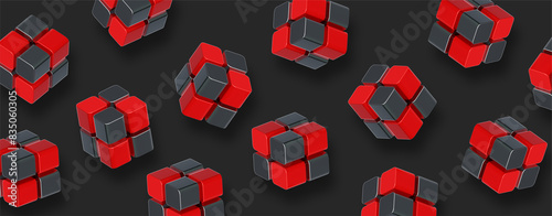 3d creative illustration of shine red and black cube on black background. 3d style abstract pattern design