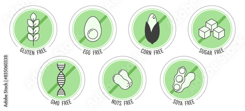 Set of ingredient warning label icons. Allergen icons. Gluten free,egg free, gmo free,corn free,nuts free, soya free,sugar free. Food intolerance. Flat vector illustration