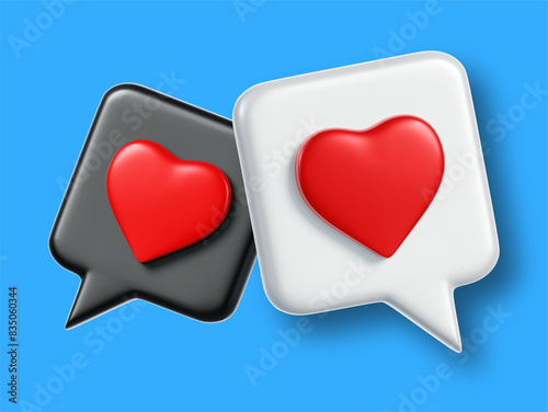 3d illustration of two white and black color speech bubble with heart on blue background. 3d style design of like reaction