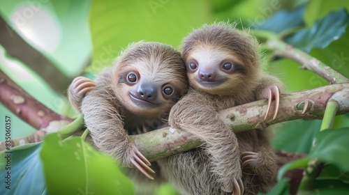 two baby sloths are sitting on a branch  Baby sloths holding onto tree branches