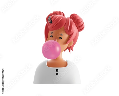 3d cartoon illustration of female portrait with pink chewing gum bubble on white color background. 3d style design of avatar of happy woman white skin with red hair