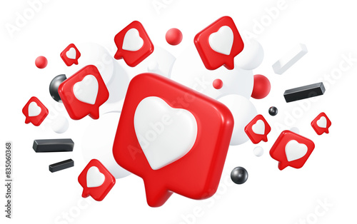 3d abstract illustration of red speech bubble with heart and ball on white color background. 3d style design of like reaction and communication