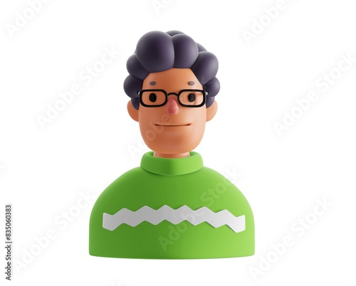 3d cartoon illustration of smile male portrait on white color background. 3d style design of avatar of happy man white skin with curly black hair in glasses and sweater