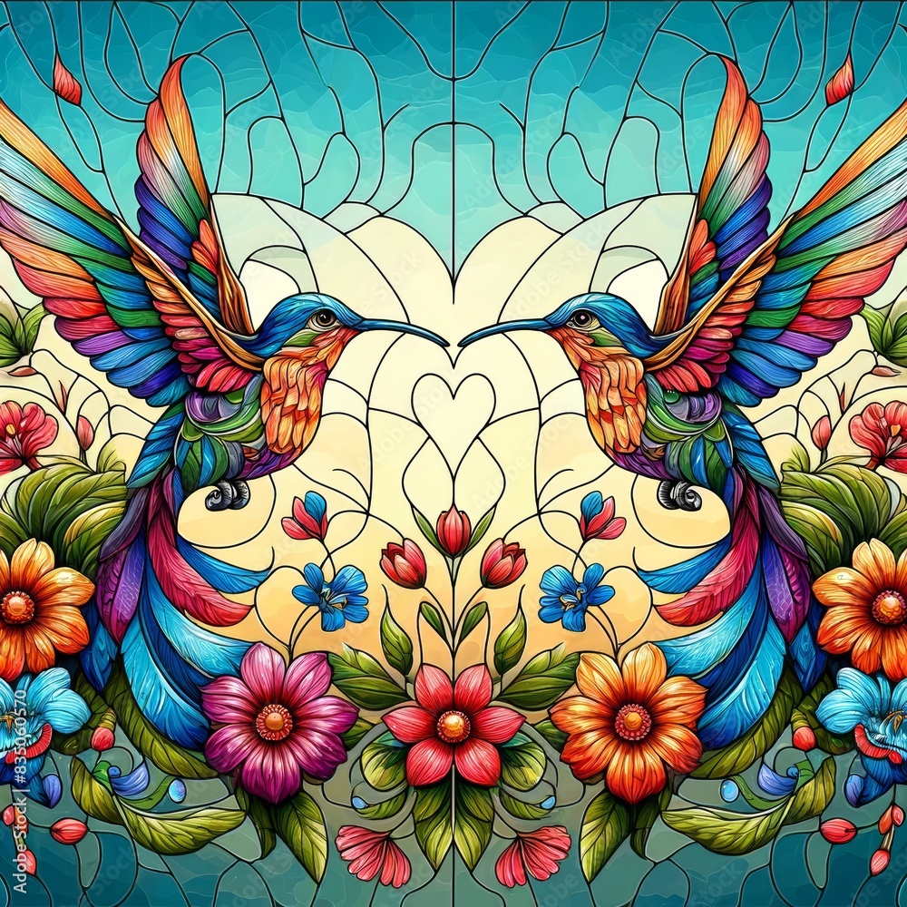 Obraz premium Vibrant Stained Glass Art of Hummingbirds and Flowers