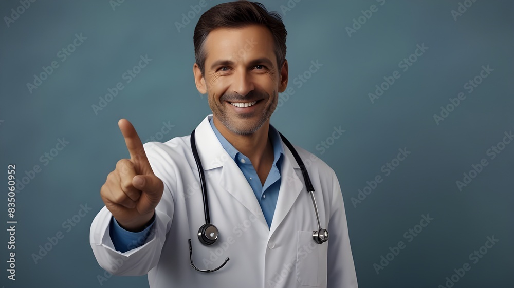Smiling happy doctor pointing with finger on blue background Smiling happy doctor pointing with finger on blue background