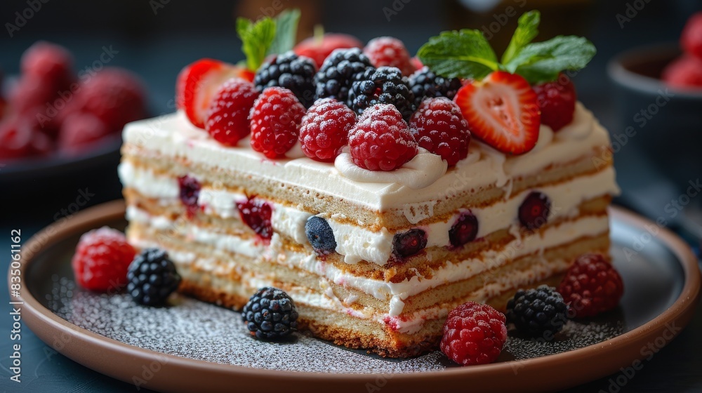 A perfectly layered berry cake with cream and a dusting of sugar on a textured brown plate