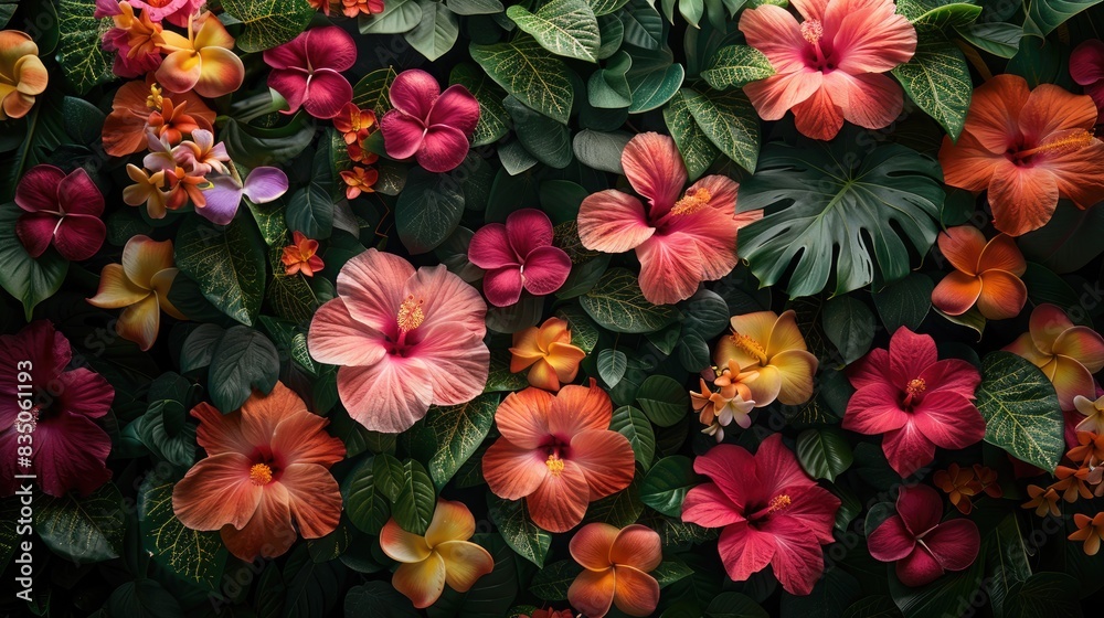 Vibrant Flower Wall Background and Tropical Leaves Creating a Colorful Display Vibrant Flower Wall Background and Tropical Leaves Creating a Colorful Display