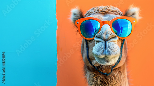Portrait of a camel in sunglasses on a colored background, close-up