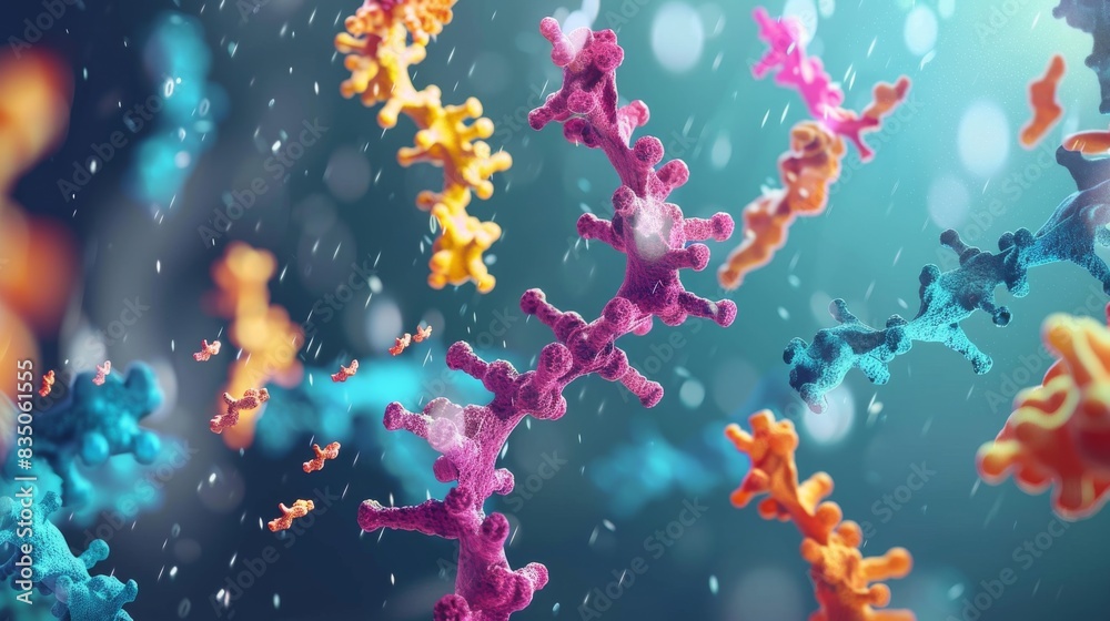 A colorful image of DNA strands with a blue background A colorful image of DNA strands with a blue background