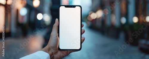 A person is holding a phone with a white screen. Concept of emptiness and loneliness, as the phone is not being used and the person is not interacting with anyone