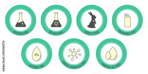 Badges for beauty product.Organic cosmetics set of icons for product packaging. Paraben, sulfate, cruelty, fragrance, alcohol, harsh chemicals, mineral oil free.Vector illustration