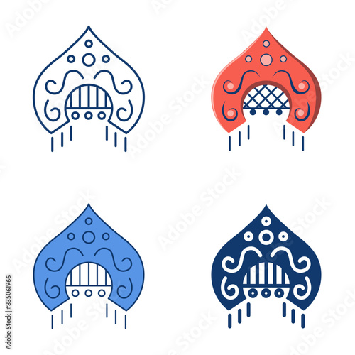 Traditional kokoshnik icon set in flat and line style. National Russian headdress symbol. Vector illustration.