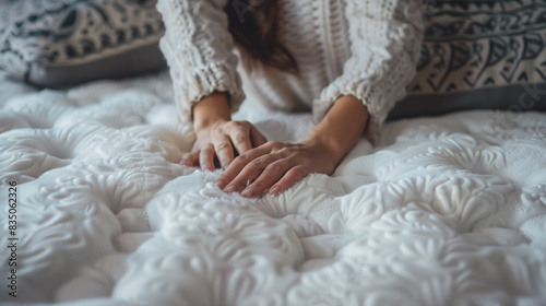 A woman who tries the mattress by placing her hands on its white, textured surface. © Sawyer0