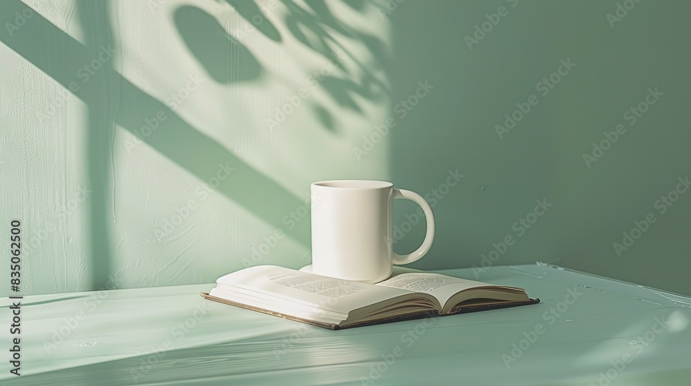 Serene Morning: White Mug on Desk with Open Book, Bathed in Sunlight Serene Morning: White Mug on Desk with Open Book, Bathed in Sunlight