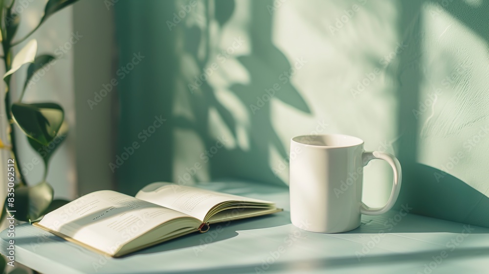Serene Morning: White Mug on Desk with Open Book, Bathed in Sunlight Serene Morning: White Mug on Desk with Open Book, Bathed in Sunlight