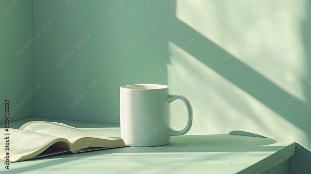 Serene Morning: White Mug on Desk with Open Book, Bathed in Sunlight Serene Morning: White Mug on Desk with Open Book, Bathed in Sunlight