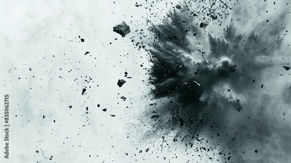 Dramatic black and white explosion with dirt and debris flying in all directions, creating a powerful and intense visual impact. Dramatic black and white explosion with dirt and debris flying in all directions, creating a powerful and intense visual impact.