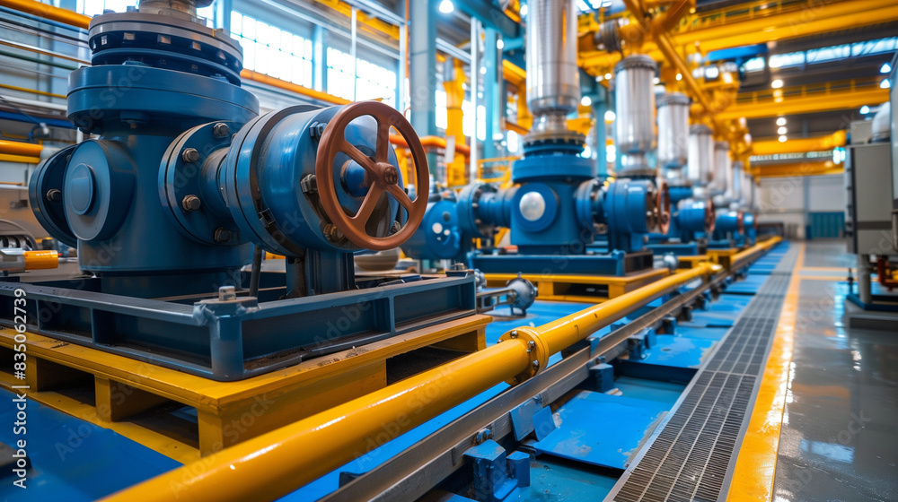 A series of large industrial pumps in a modern factory, with blue and yellow guide pipes. A series of large industrial pumps in a modern factory, with blue and yellow guide pipes.