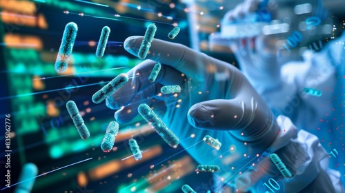 A scientist's hand interacts with digital microbial data, representing biotechnological research and innovation in a futuristic laboratory setting. photo