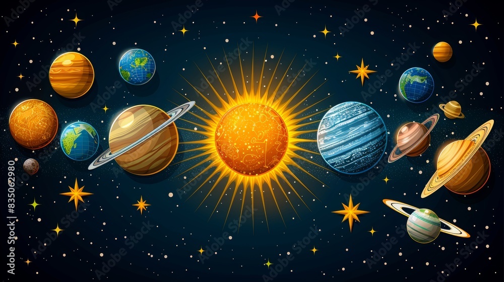 Naklejka premium breathtaking view colorful galaxy space and planets set on dark background illustration, colorful planetary satellites on a black background