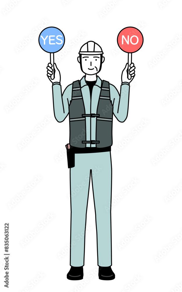 Senior male engineer in helmet and work wear holding a placard indicating correct and incorrect answers. Senior male engineer in helmet and work wear holding a placard indicating correct and incorrect answers.