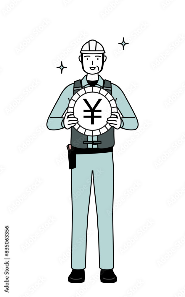 Senior male engineer in helmet and work wear an image of foreign exchange gains and yen appreciation Senior male engineer in helmet and work wear an image of foreign exchange gains and yen appreciation