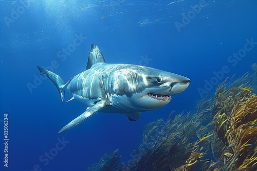 Photo of a great white shark swimming in the ocean against a blue background. the shark is depicted