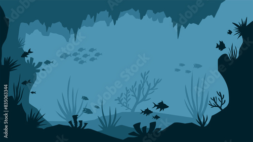 Landscape illustration of underwater cave with coral reefs and fishes
