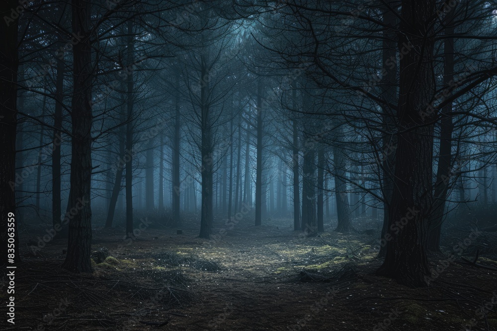 a dark forest with a path in the middle, Focus on the contrast between light and darkness in a moody, atmospheric forest scene