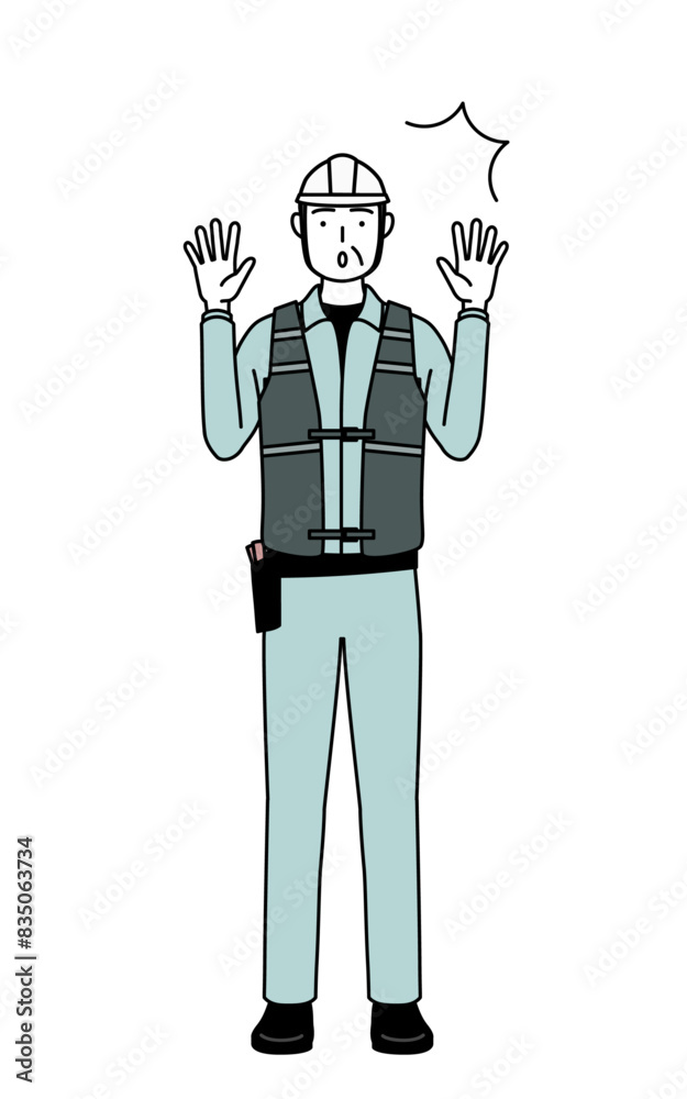 Senior male engineer in helmet and work wear raising his hand in surprise. Senior male engineer in helmet and work wear raising his hand in surprise.