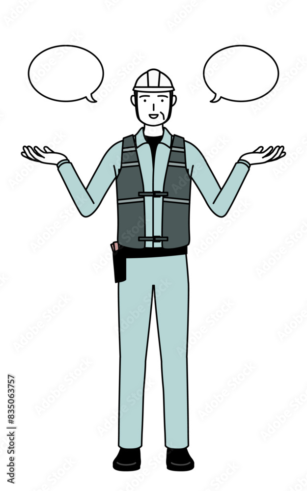 Senior male engineer in helmet and work wear with wipeout and comparison. Senior male engineer in helmet and work wear with wipeout and comparison.