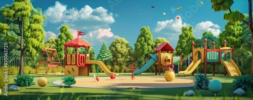 A cartoon playground with a slide and a swing set. The sky is blue and there are trees in the background