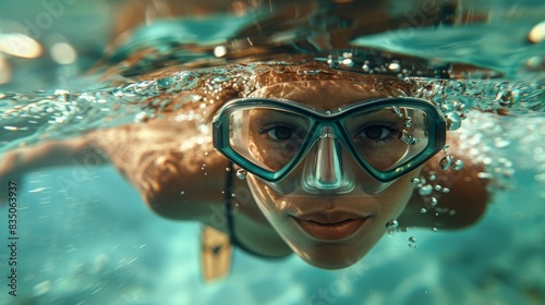 Portrait of a swimmer wearing goggles emerging under clear water, with an emphasis on the water's surface tension © familymedia